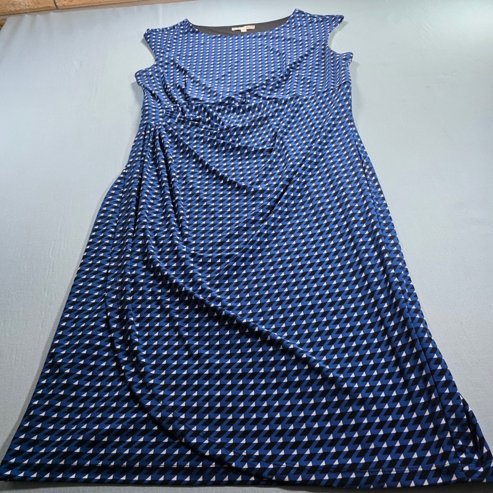 Signature Sadie Blue Geometric Faux Wrap Sleeveless Sheath Dress Size 14